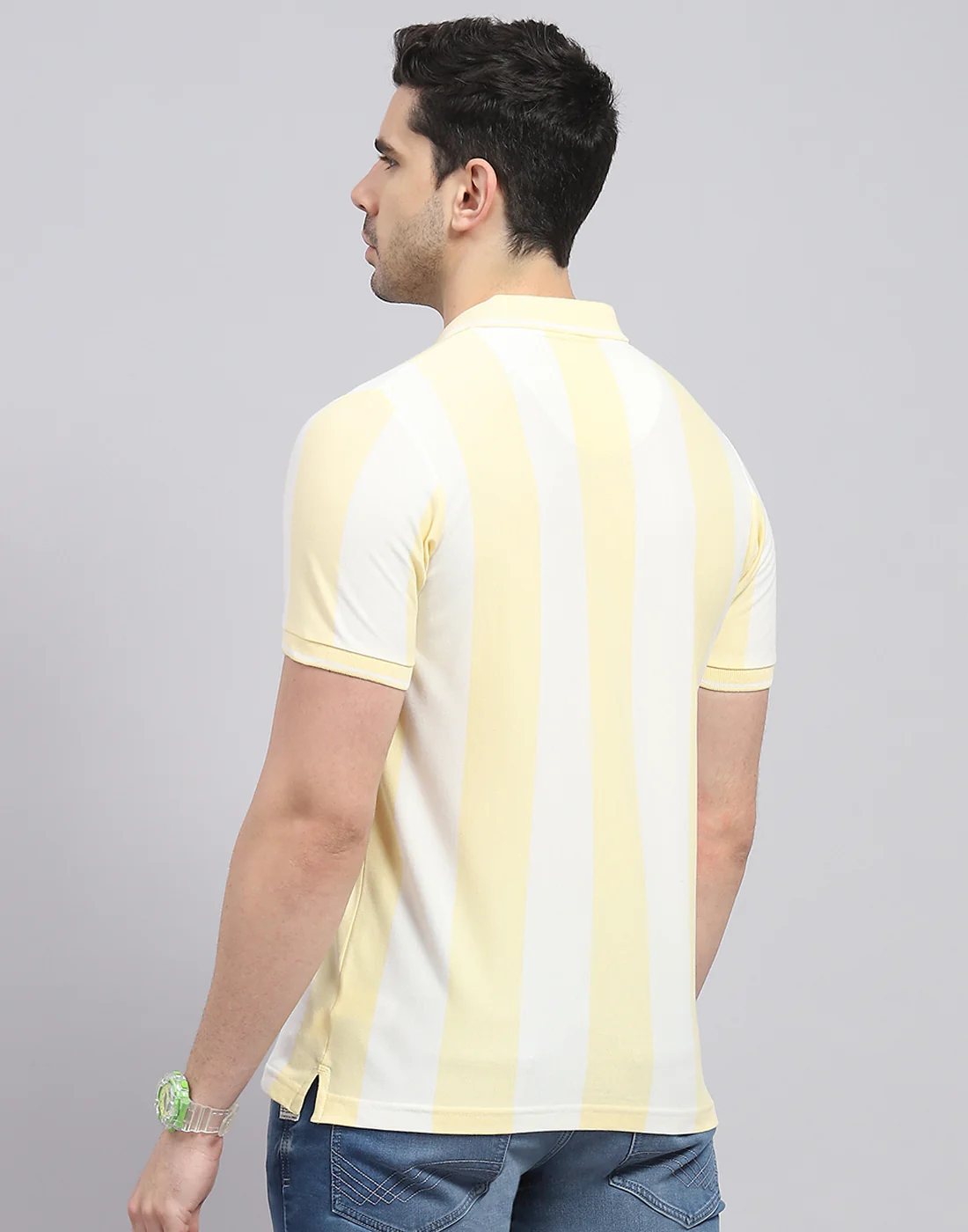 Men Yellow Stripe Polo Collar Half Sleeve T-Shirt - Image 6