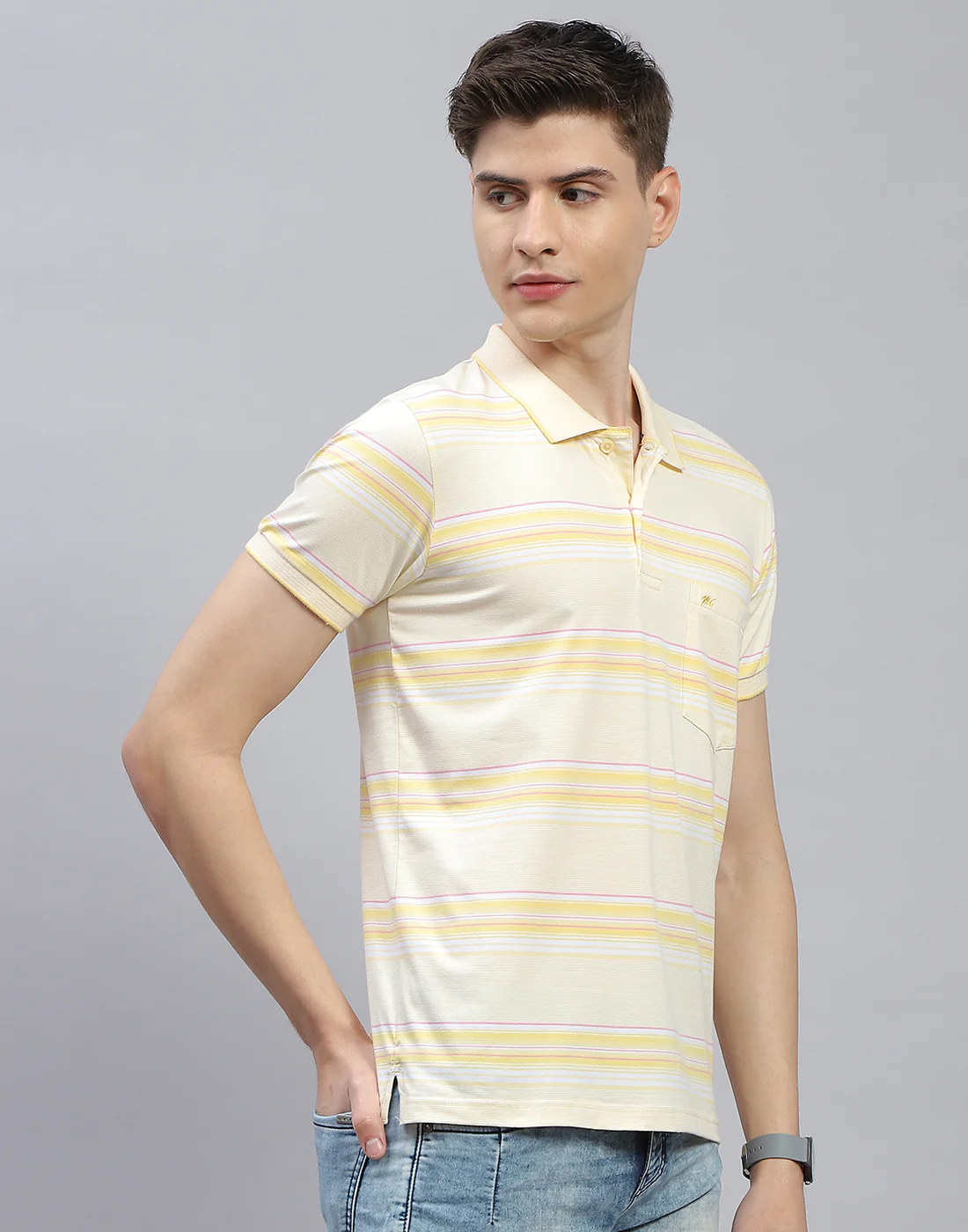 Men Yellow Stripe Polo Collar Half Sleeve T-Shirt - Image 5