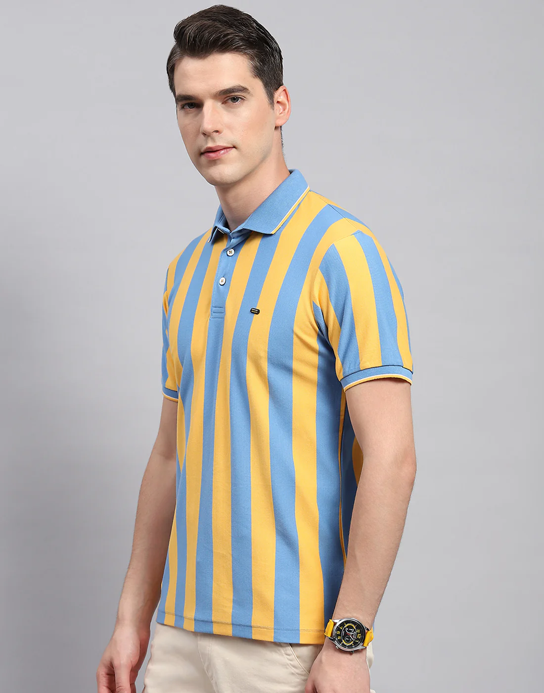 Men Yellow Stripe Polo Collar Half Sleeve T-Shirt - Image 3