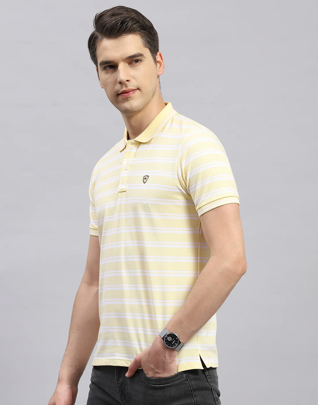 Men Yellow Stripe Polo Collar Half Sleeve T-Shirt - Image 3
