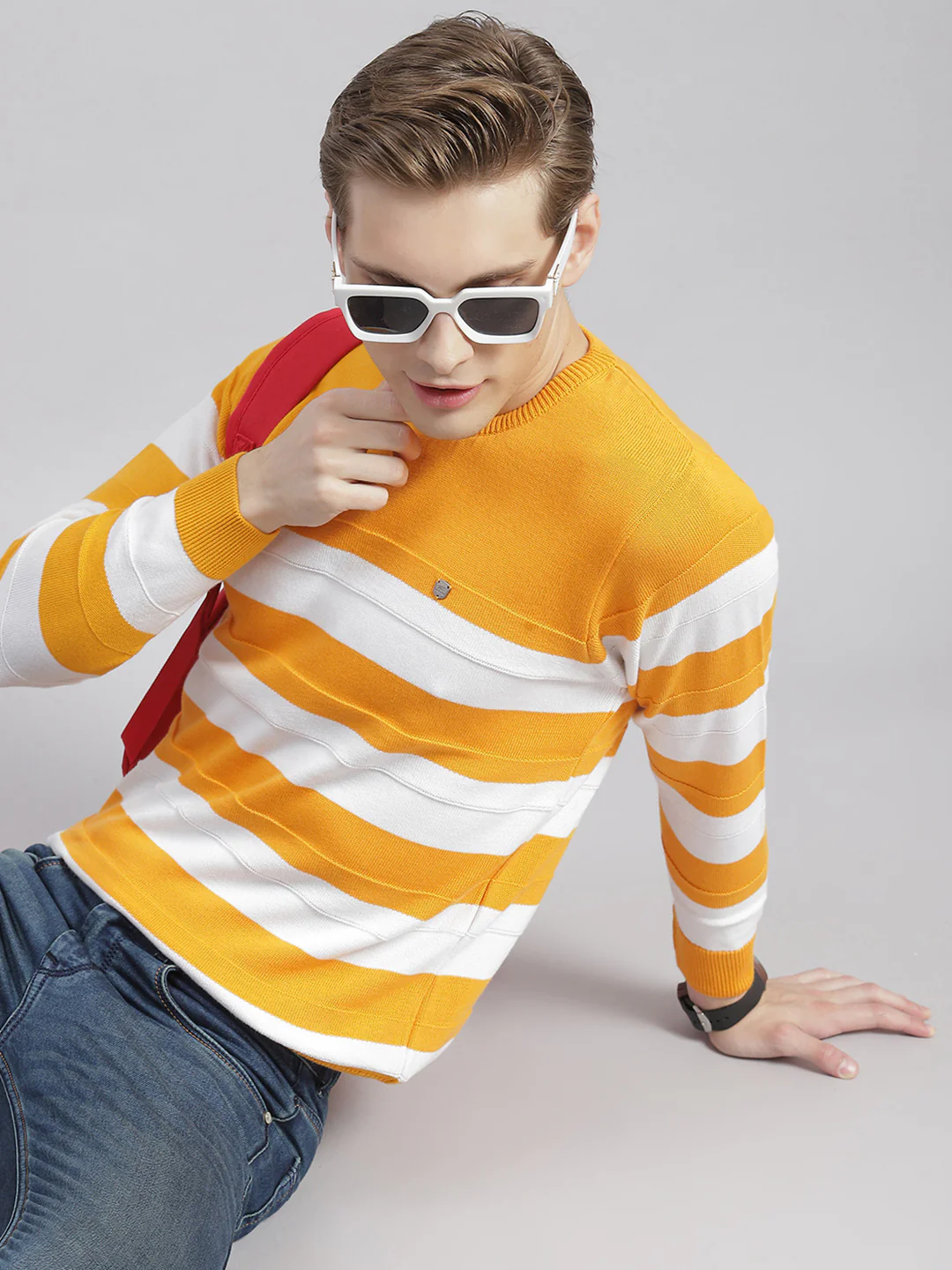 Men Yellow Stripe Round Neck Full Sleeve Sweaters/Pullovers - Image 2