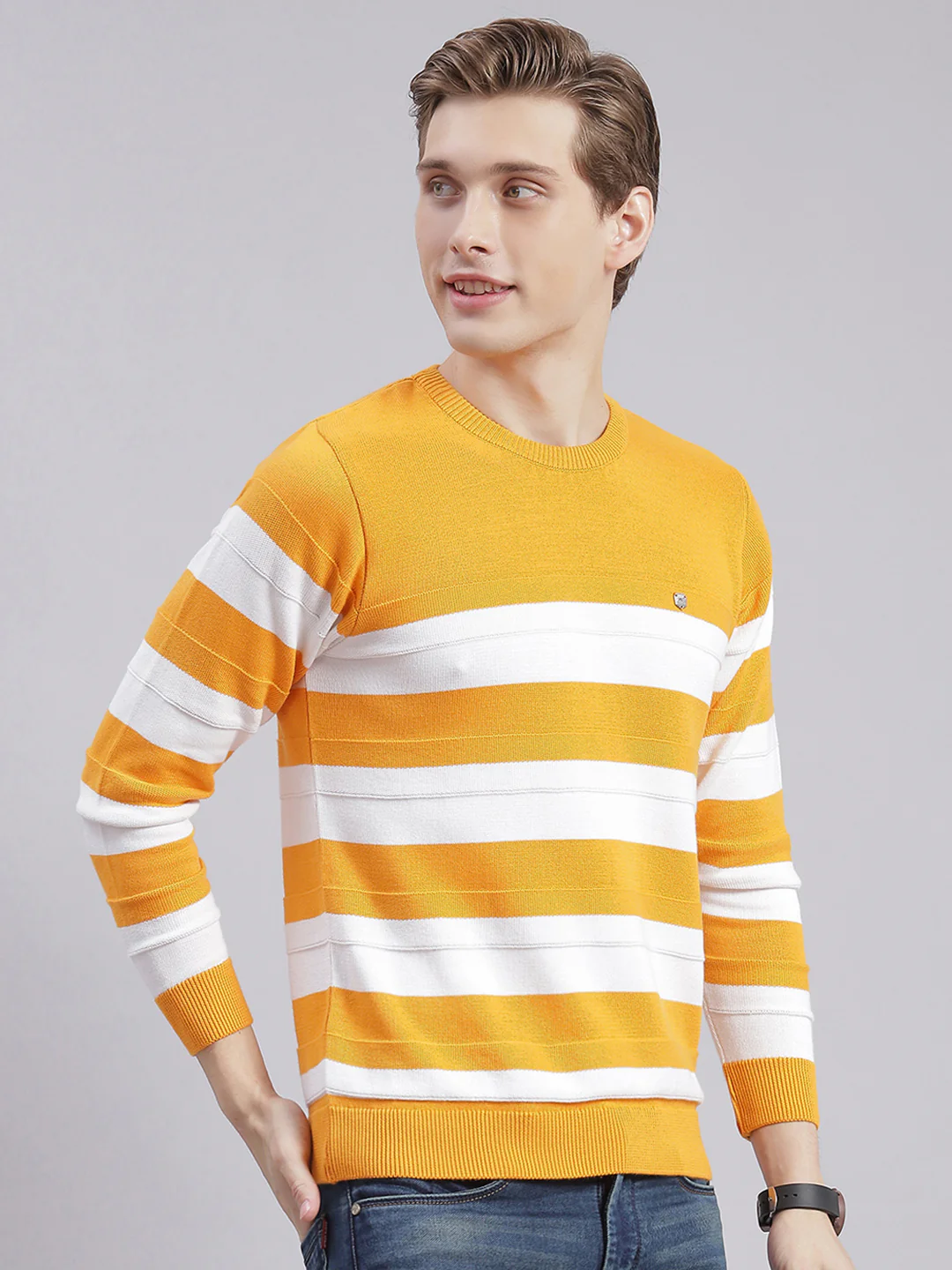 Men Yellow Stripe Round Neck Full Sleeve Sweaters/Pullovers - Image 5