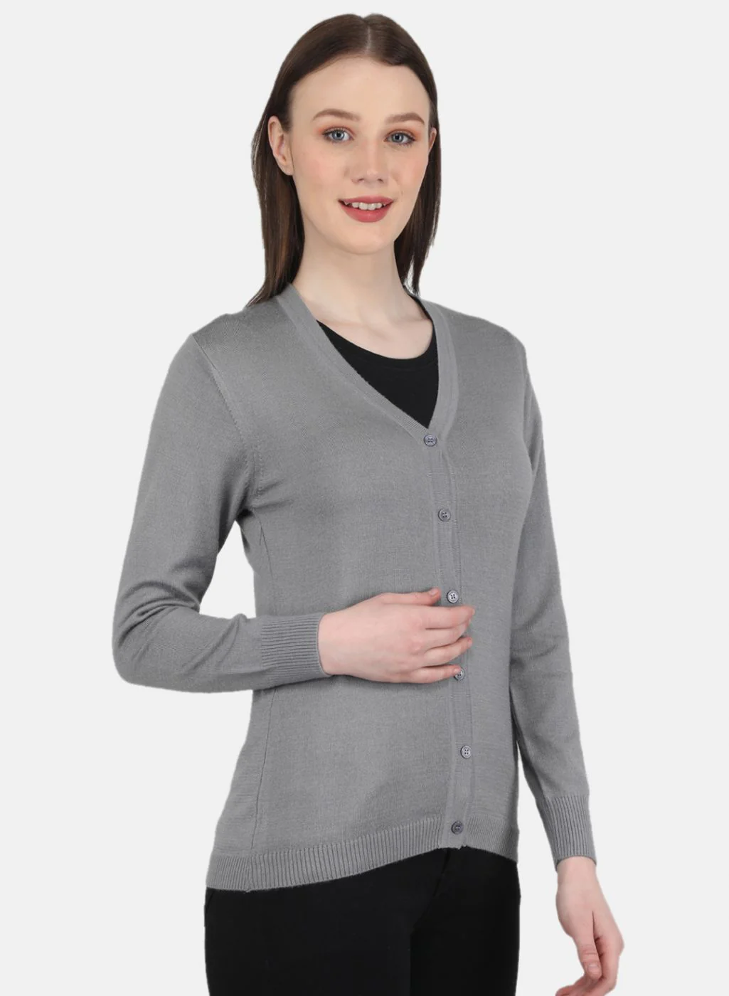 Women Grey Solid Cardigan - Image 6