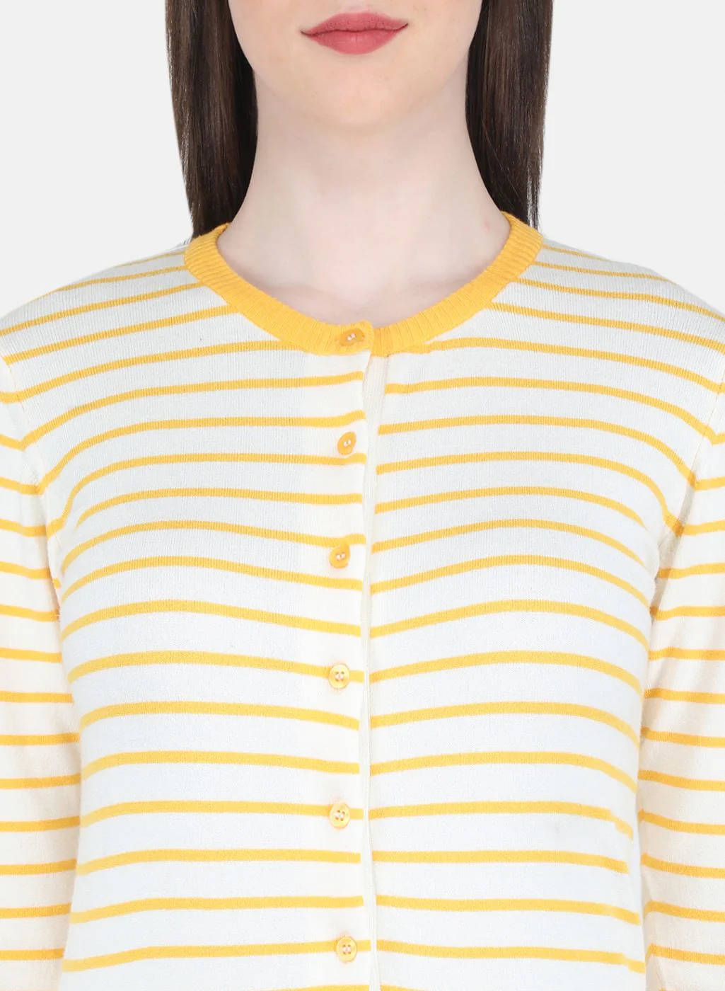 Women Yellow Self Design Cardigan - Image 5
