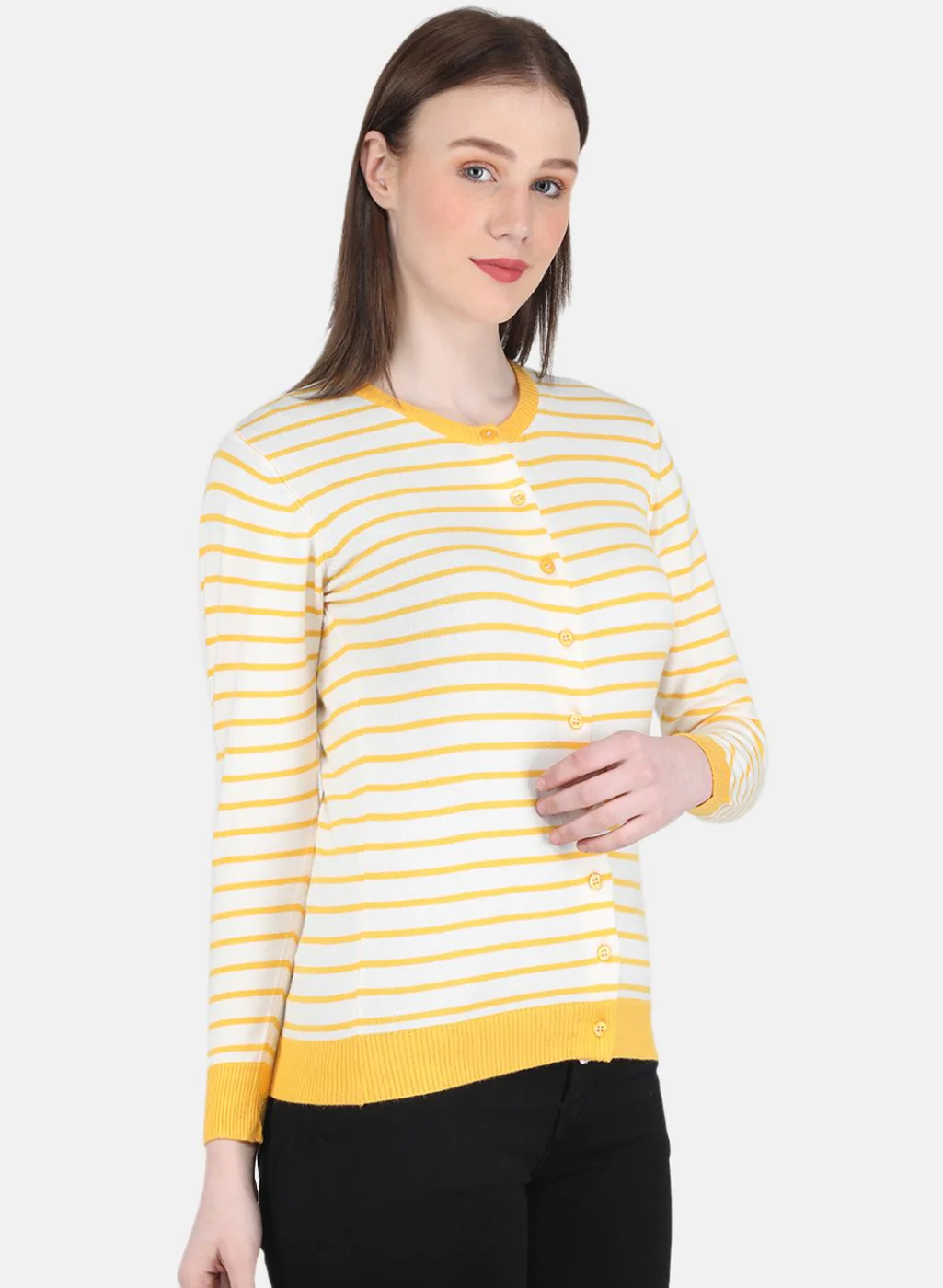 Women Yellow Self Design Cardigan - Image 6