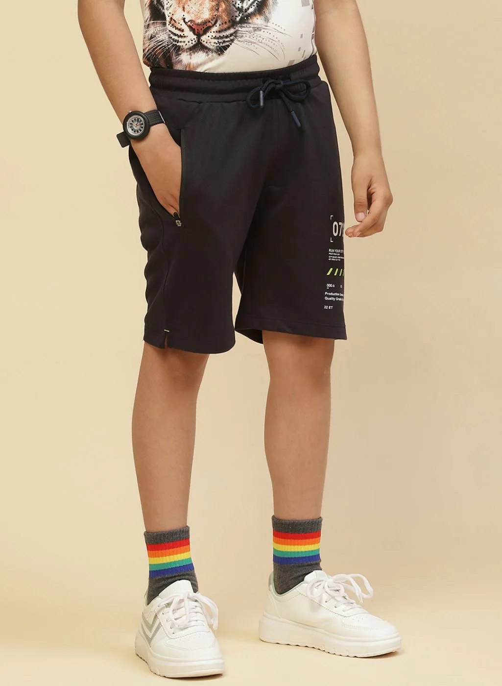 Boys NAvy Blue Printed Bermuda - Image 4