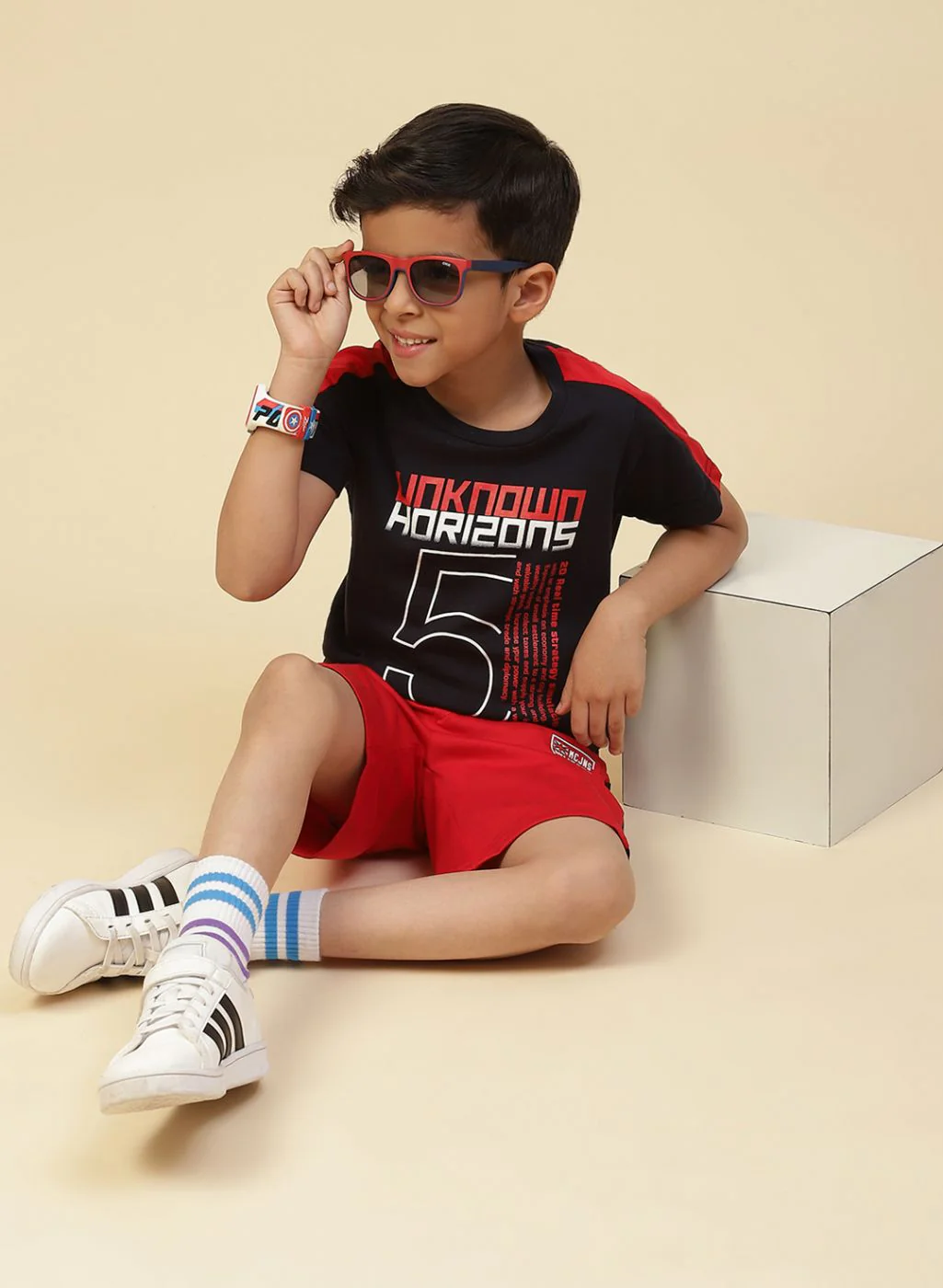 Boys NAvy Blue Printed Bermuda Set - Image 5