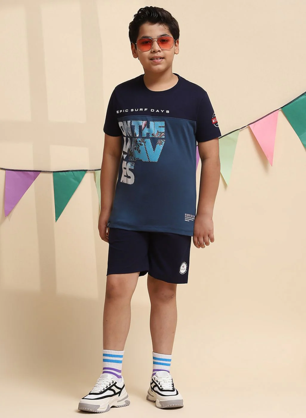 Boys NAvy Blue Printed Bermuda Set - Image 2