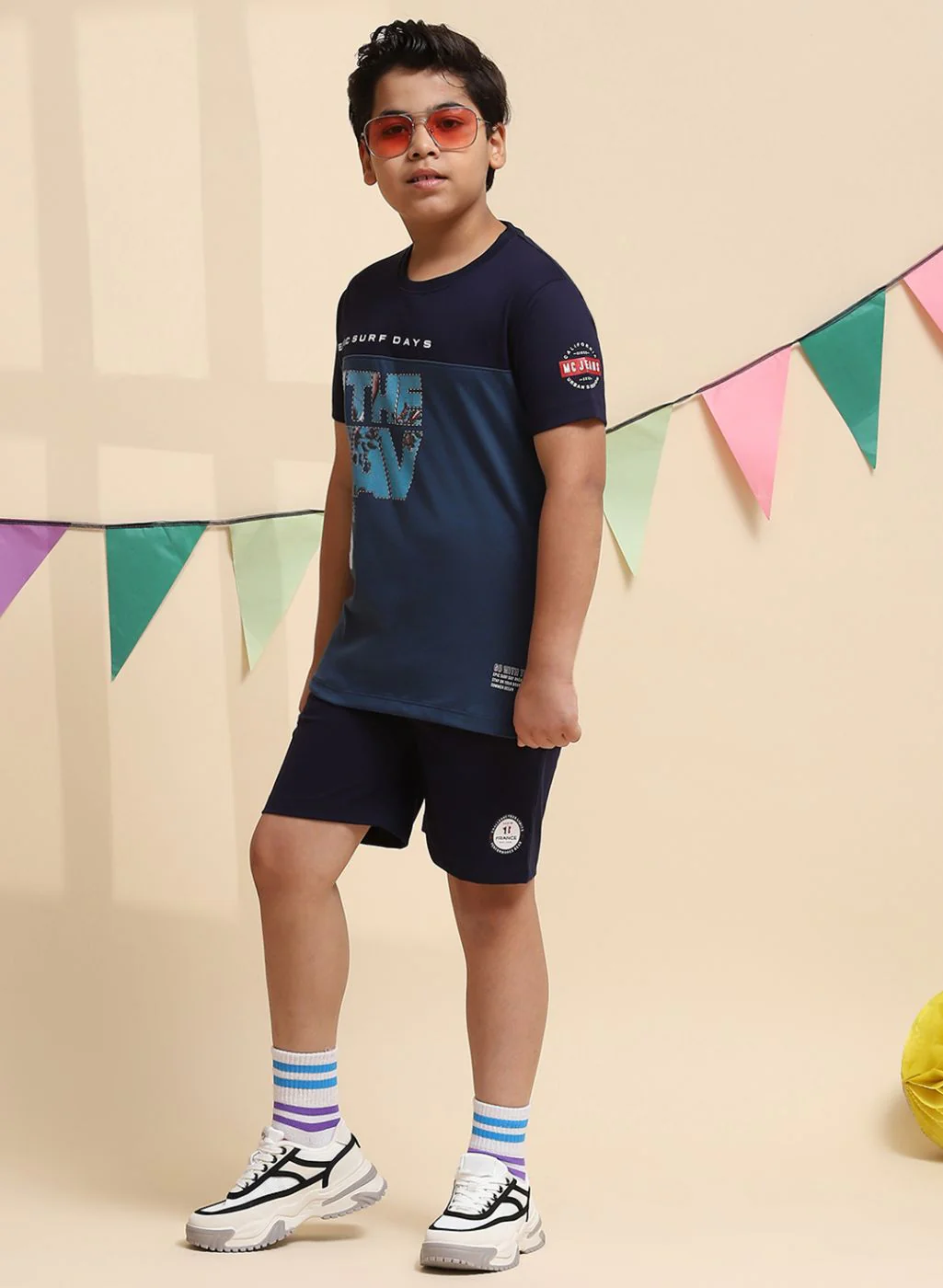 Boys NAvy Blue Printed Bermuda Set - Image 3