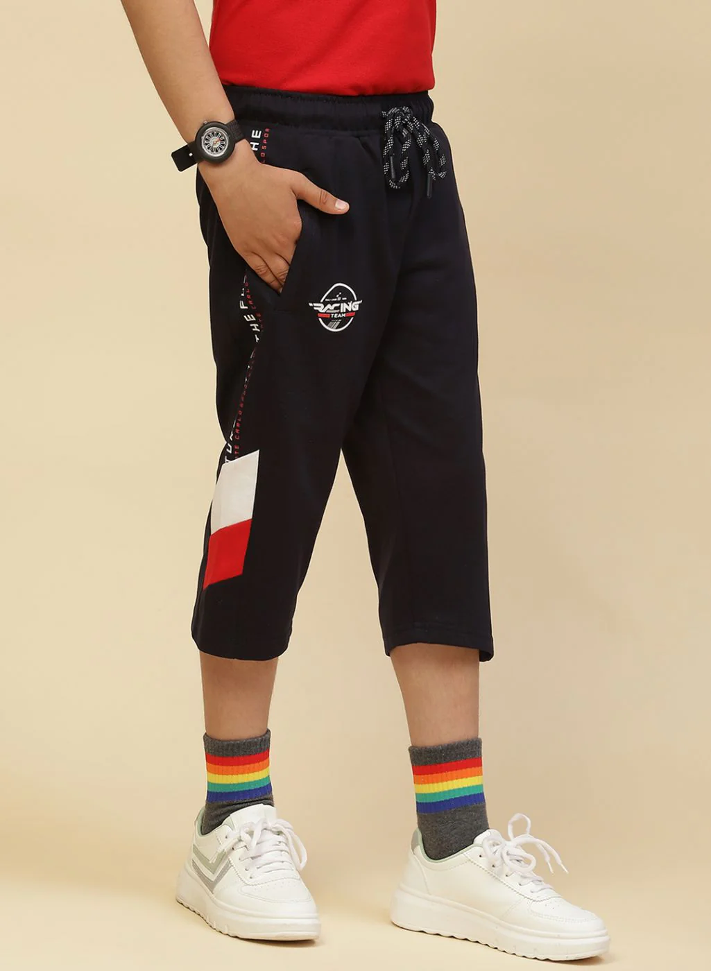 Boys NAvy Blue Printed Capri - Image 2