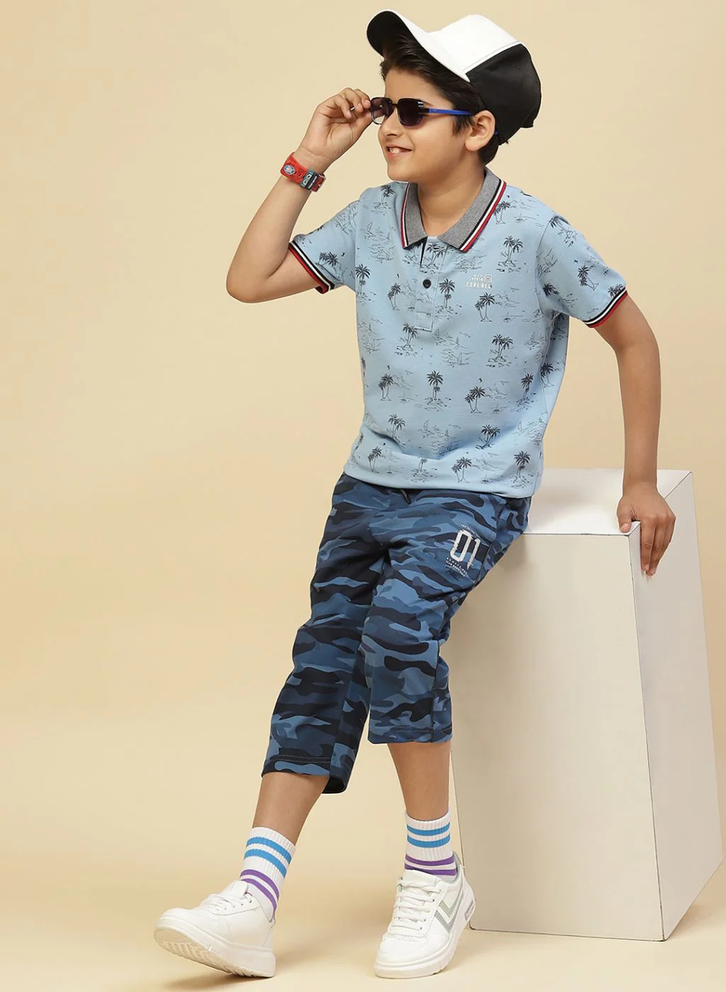Boys Sky Blue Printed T-Shirt - Image 2