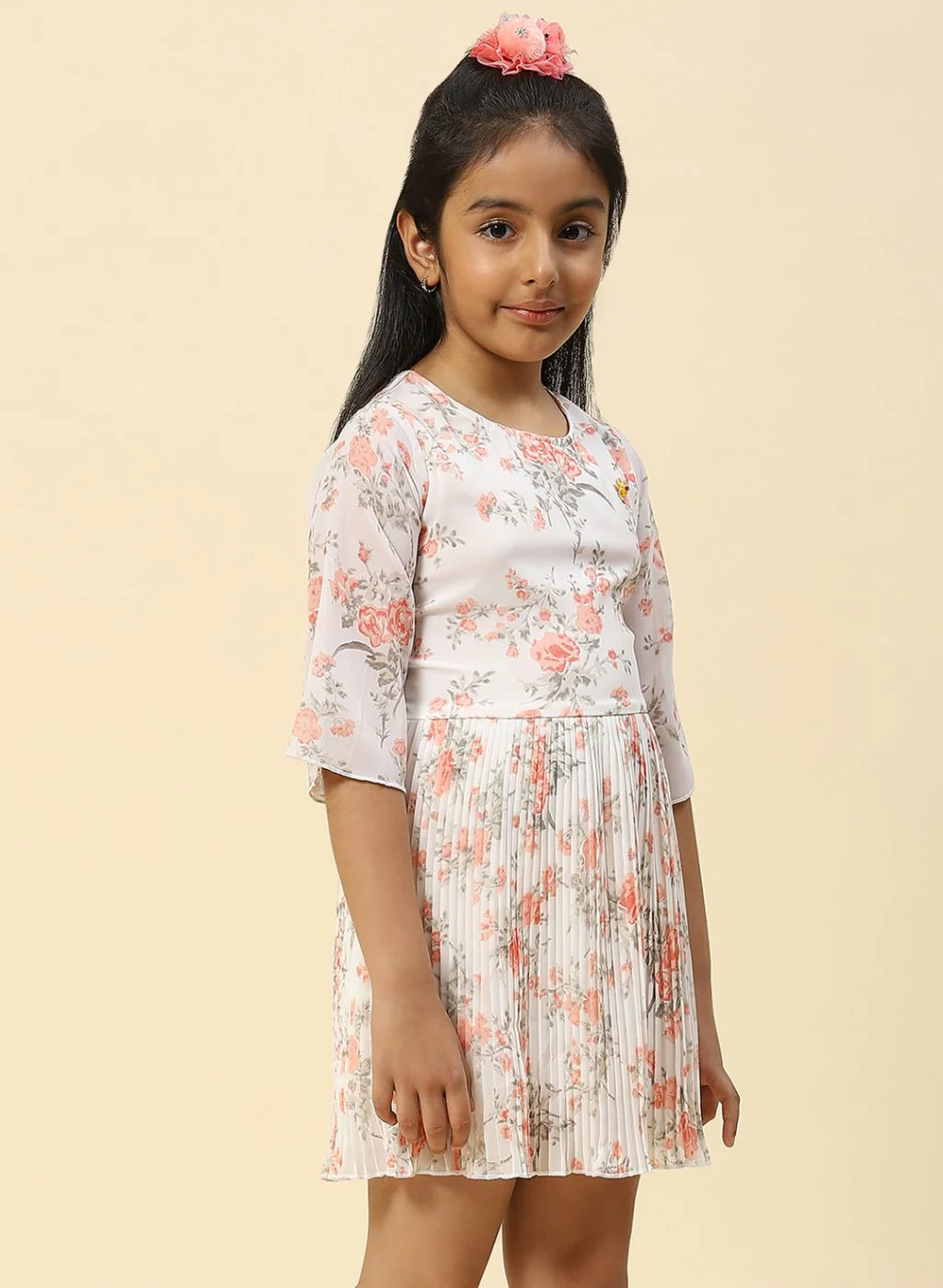 Girls Coral Pink Printed Dress - Image 4