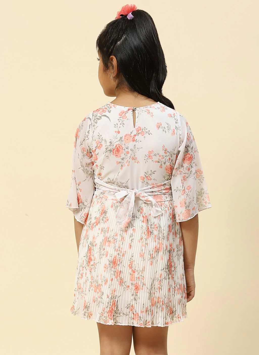 Girls Coral Pink Printed Dress - Image 5