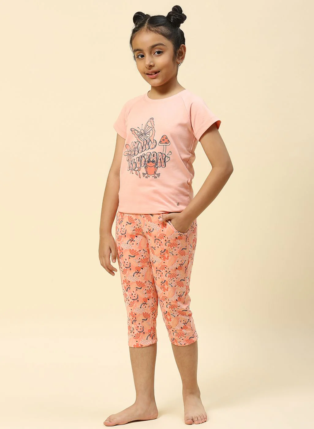 Girls Peach Printed Capri Set - Image 3