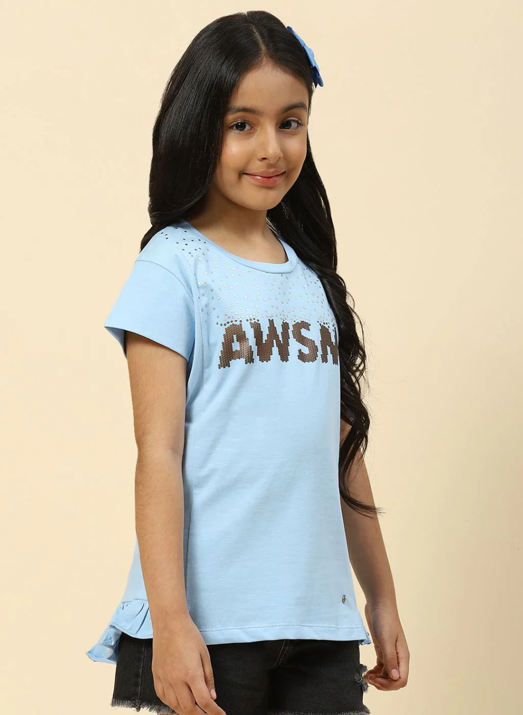 Girls Sky Blue Printed Top - Image 4