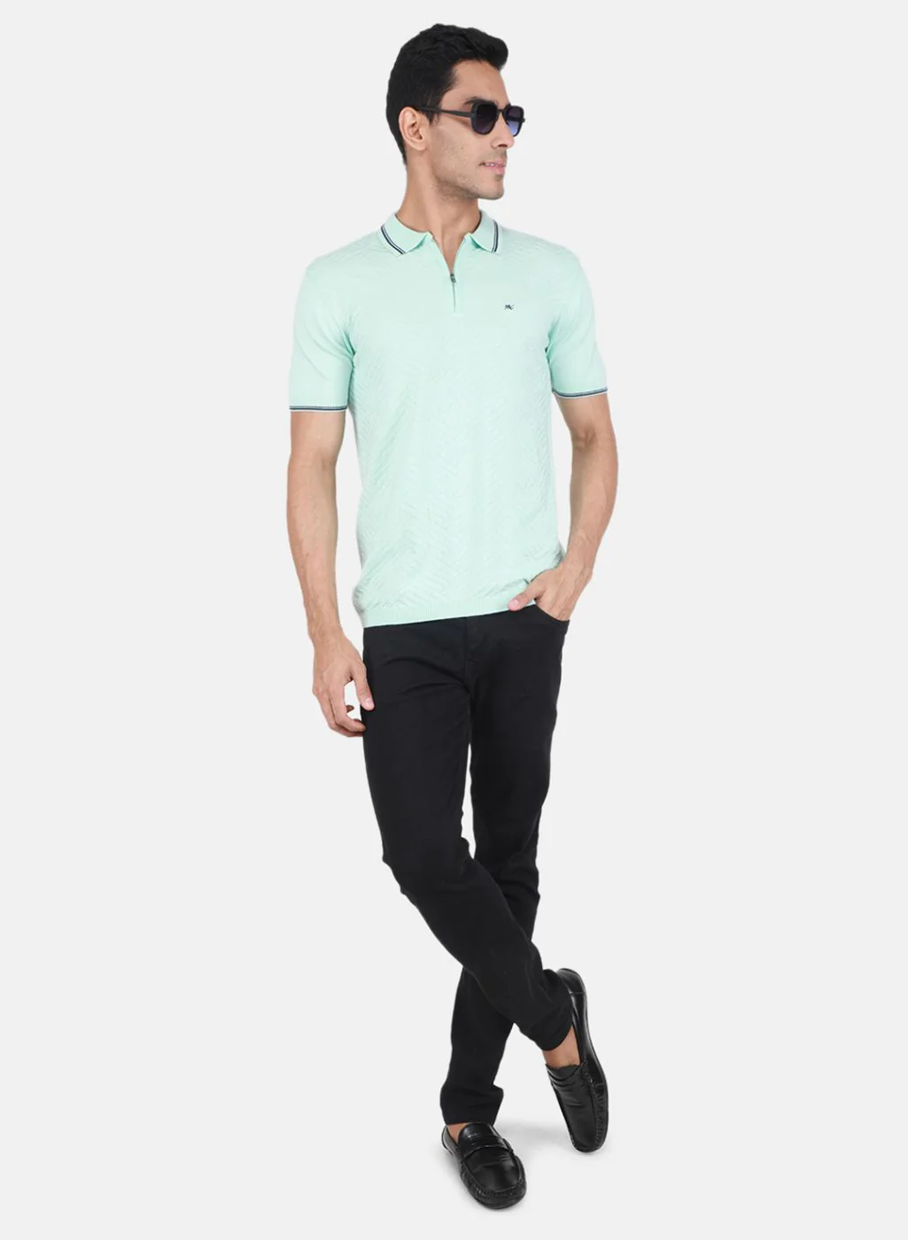 Men Aqua Blue Self Design T-Shirt - Image 4