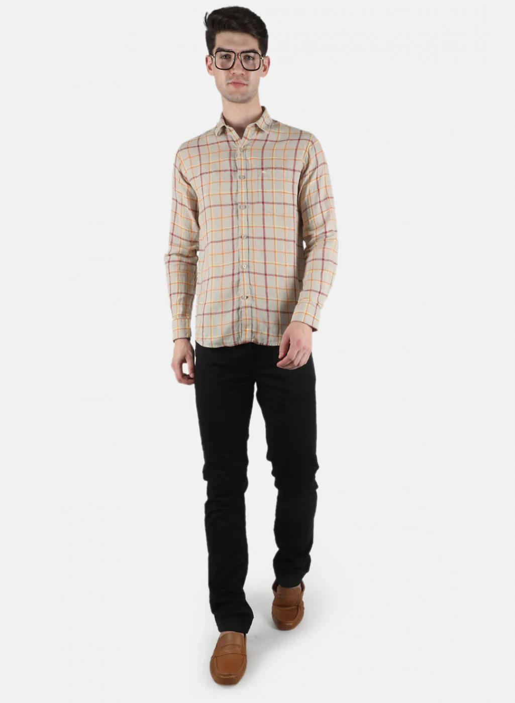 Men Beige Check Linen Shirt - Image 4