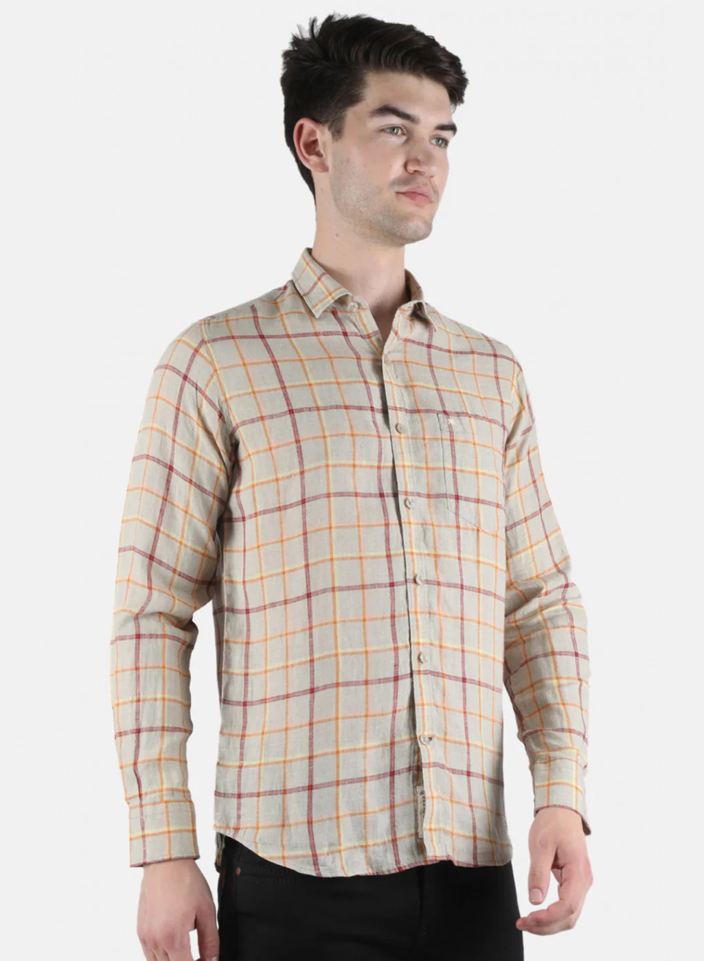 Men Beige Check Linen Shirt - Image 6