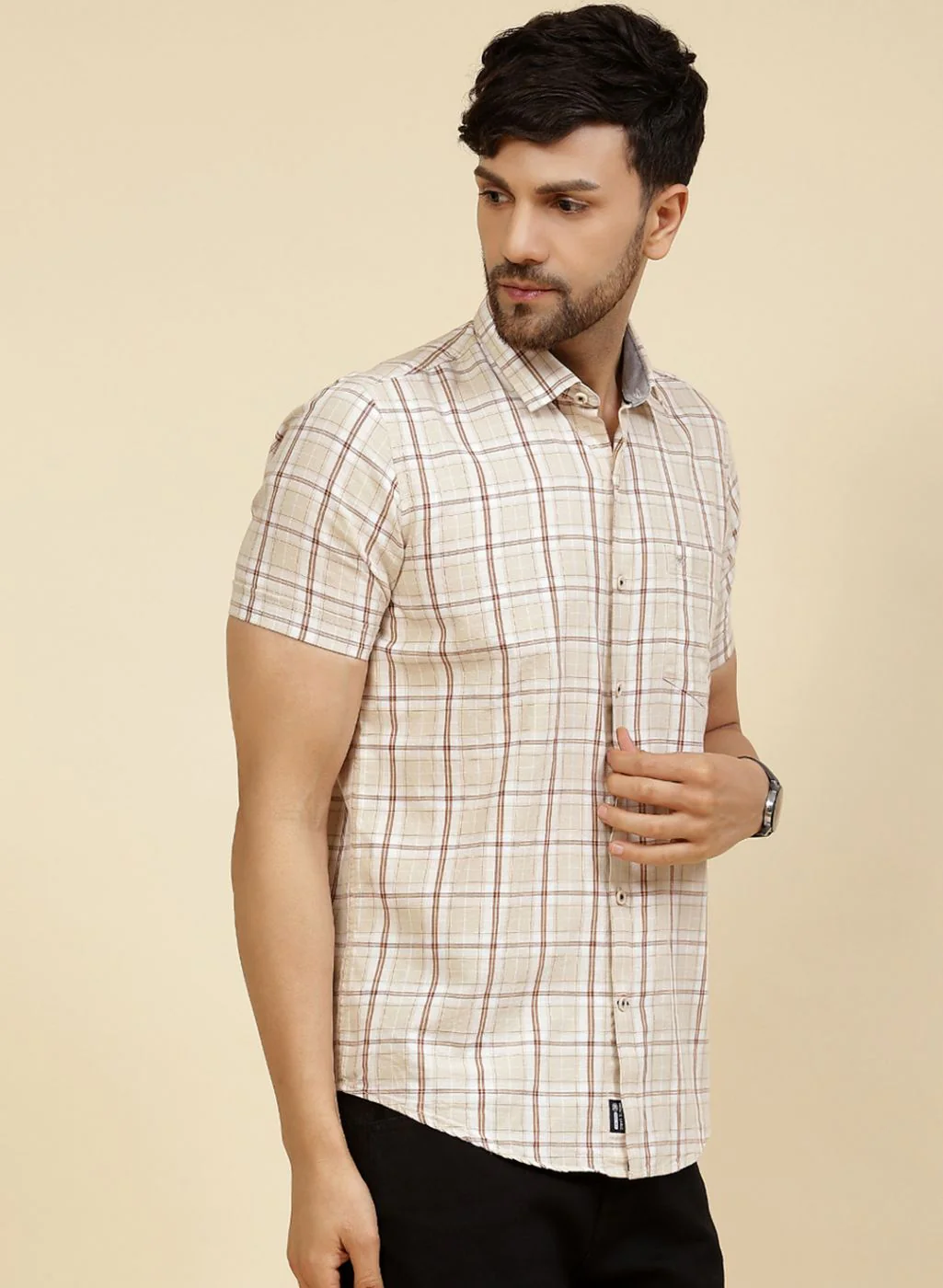 Men Beige Check Shirt - Image 4