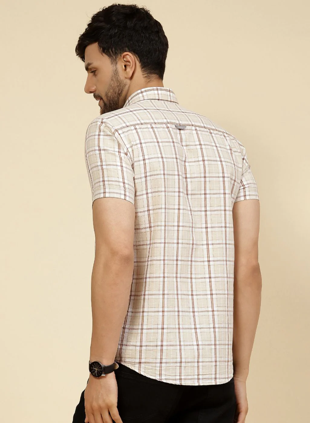 Men Beige Check Shirt - Image 5
