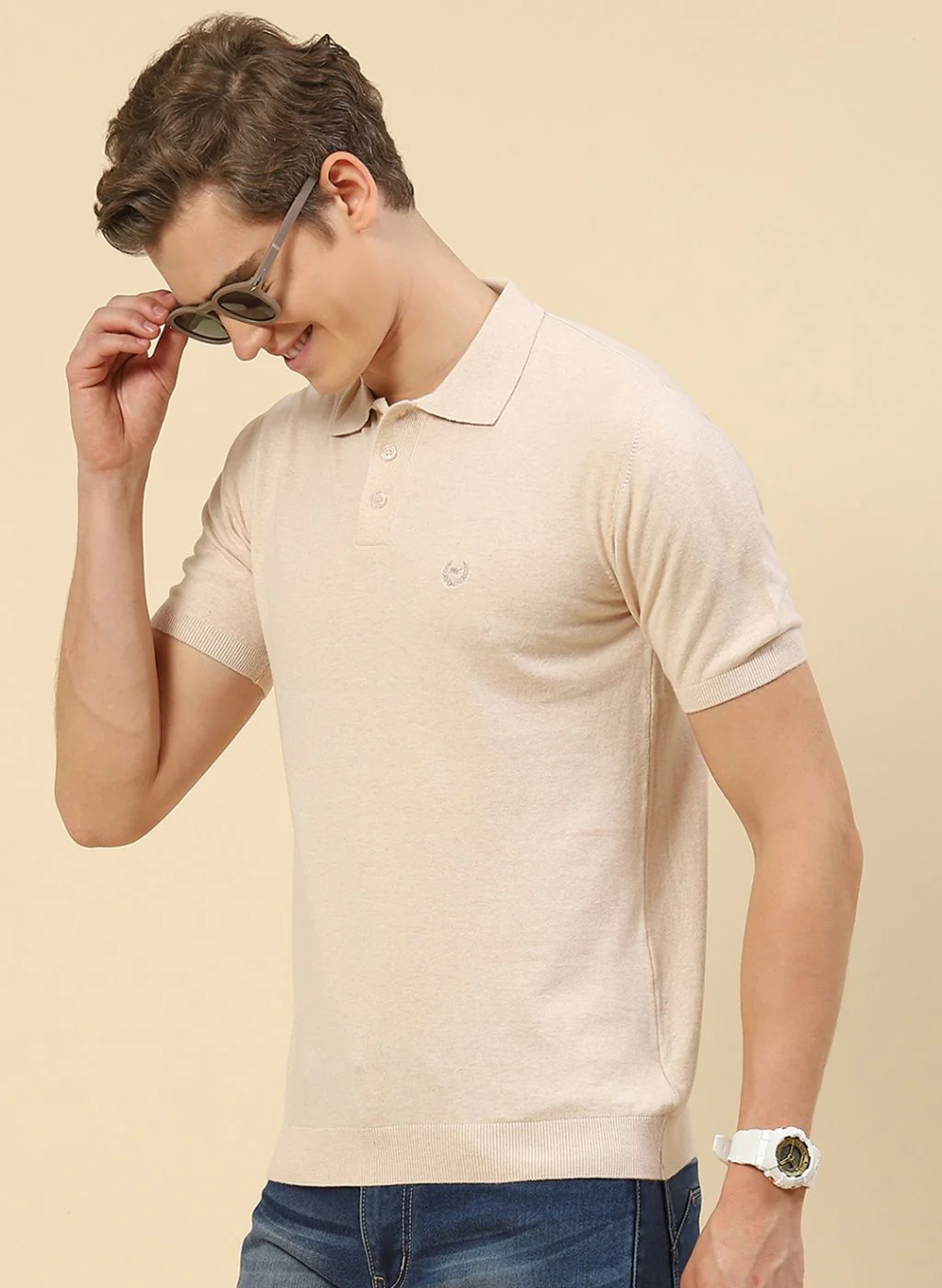 Men Beige Plain T-Shirt - Image 2