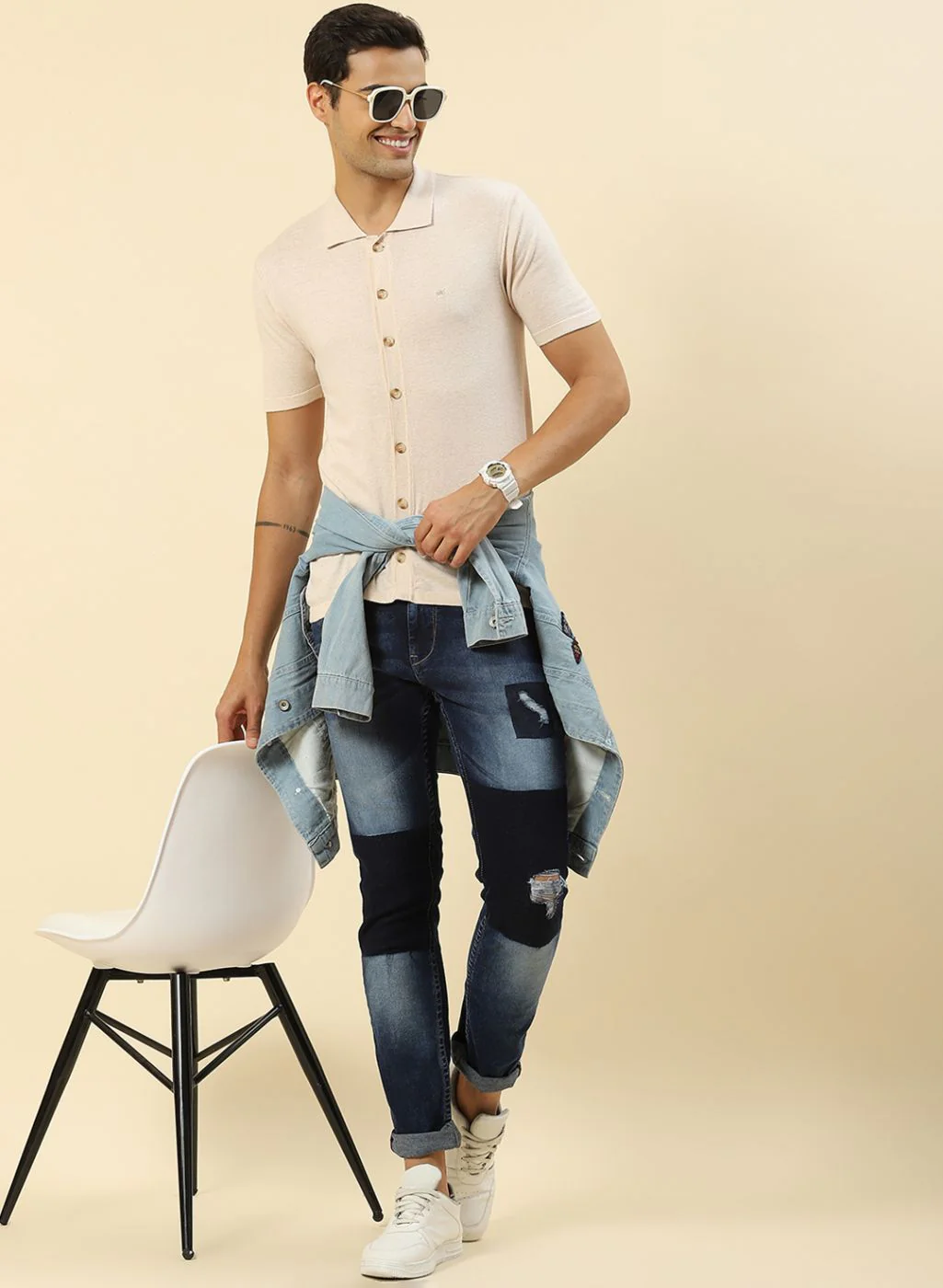 Men Beige Plain T-Shirt - Image 2