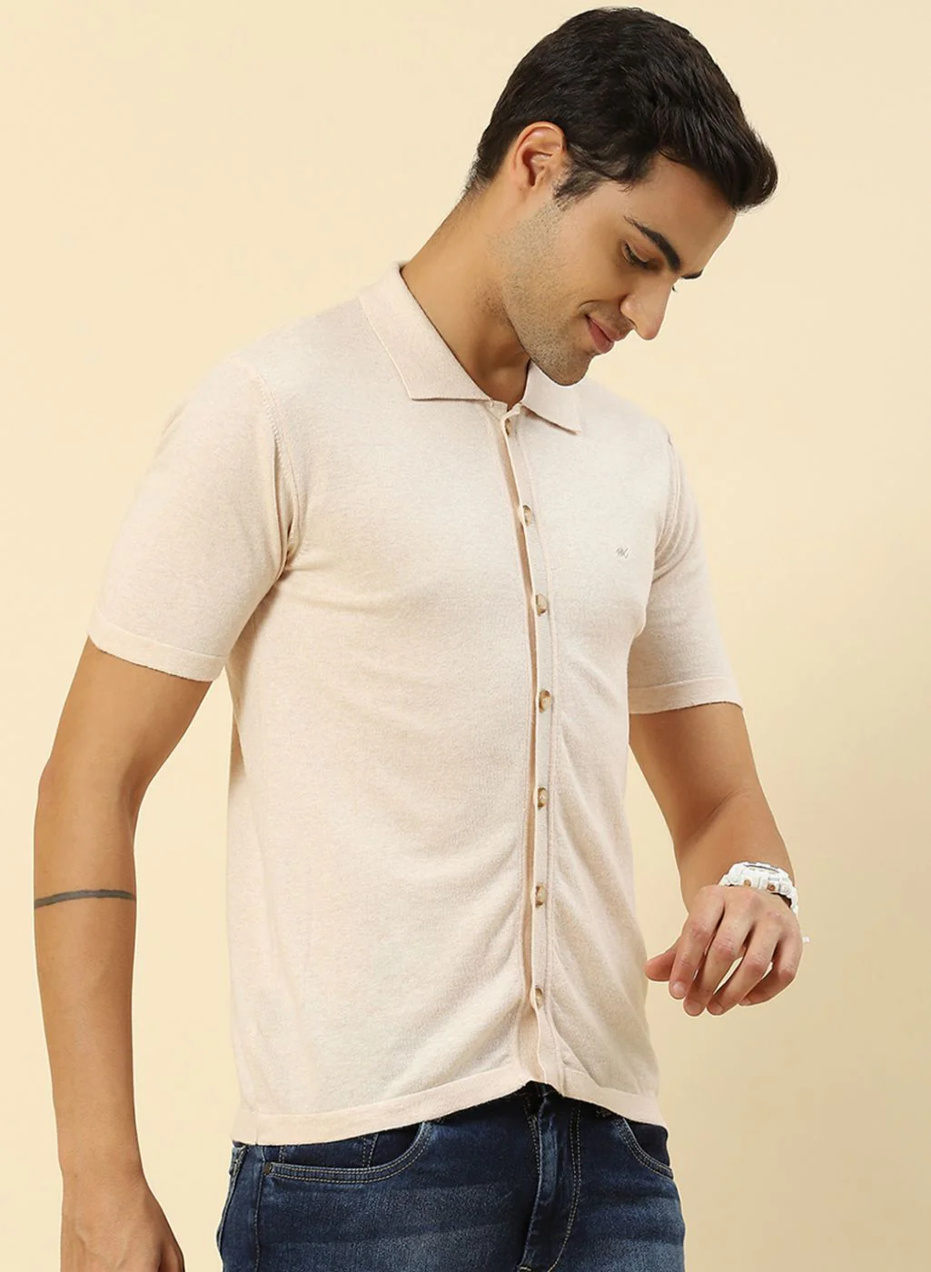 Men Beige Plain T-Shirt - Image 4