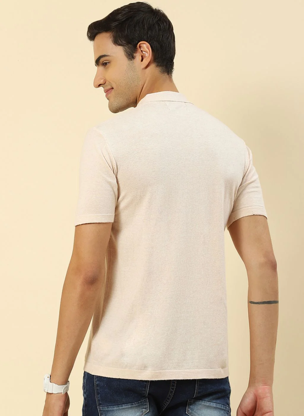 Men Beige Plain T-Shirt - Image 5