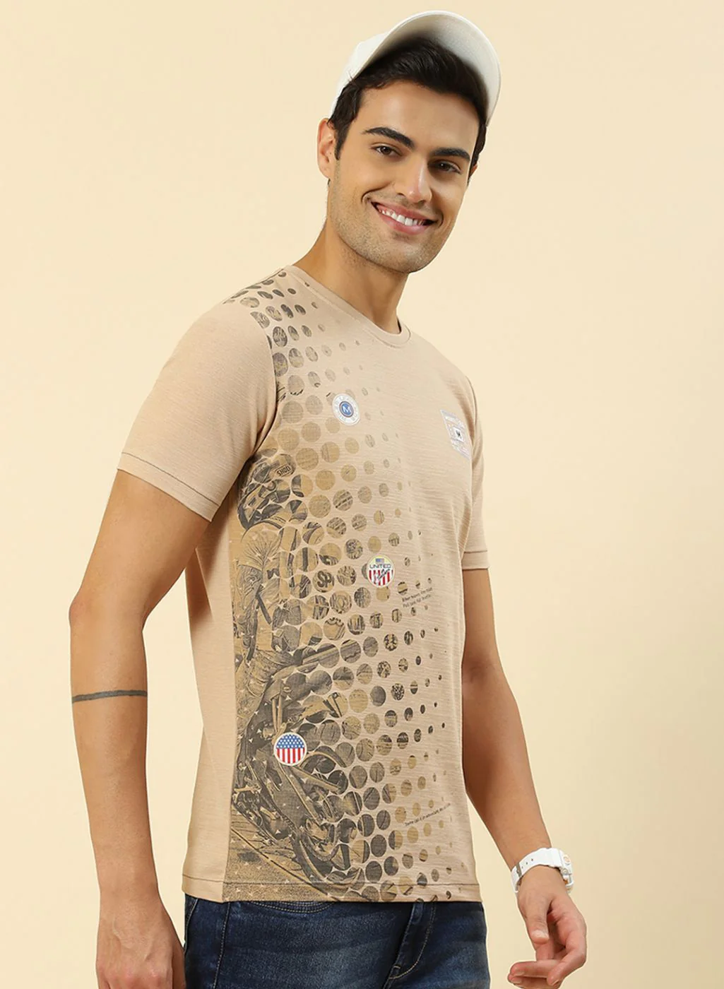 Men Beige Printed T-Shirt - Image 4