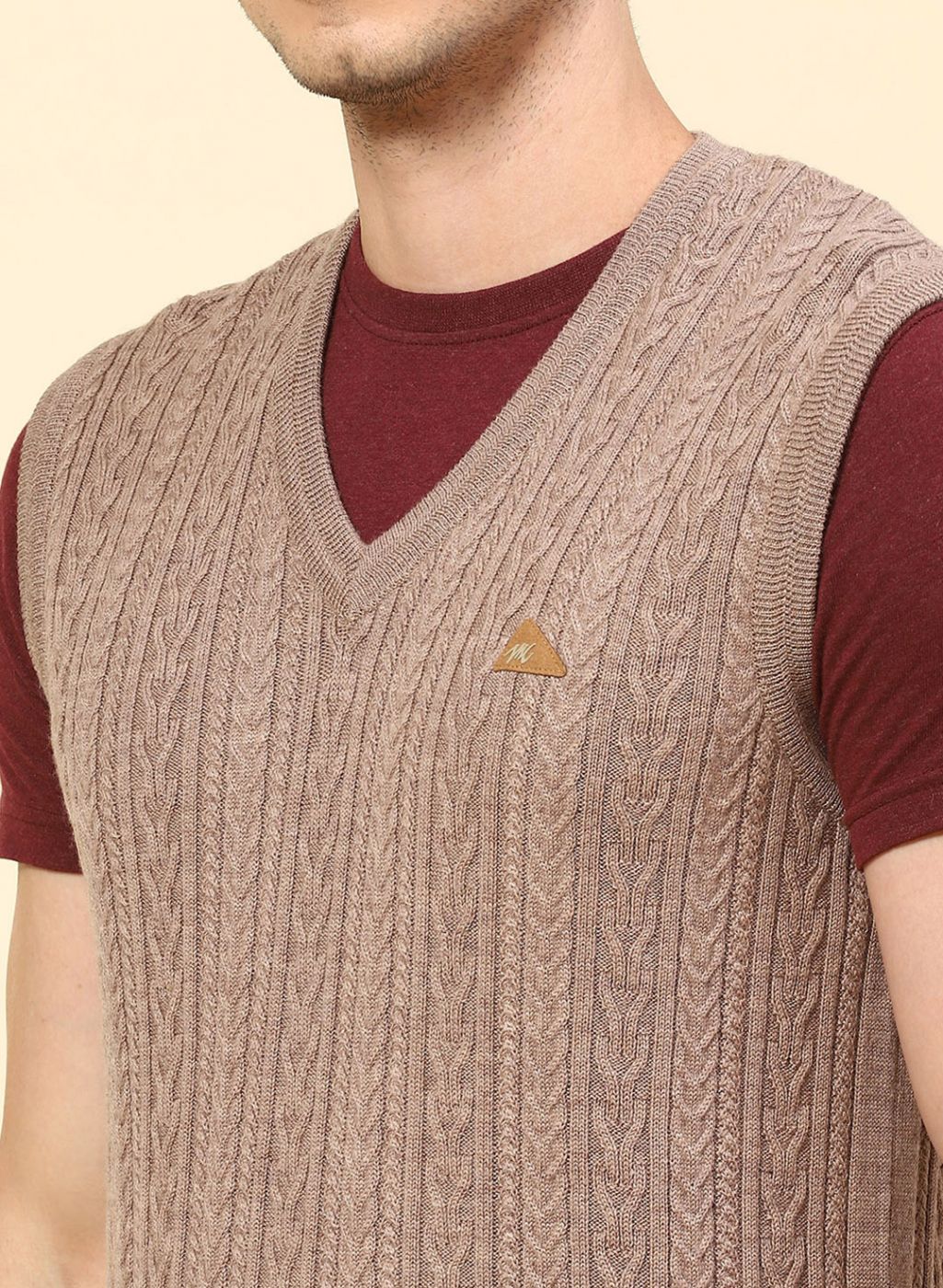 Men Beige Self Design Pure wool Sweater - Image 6
