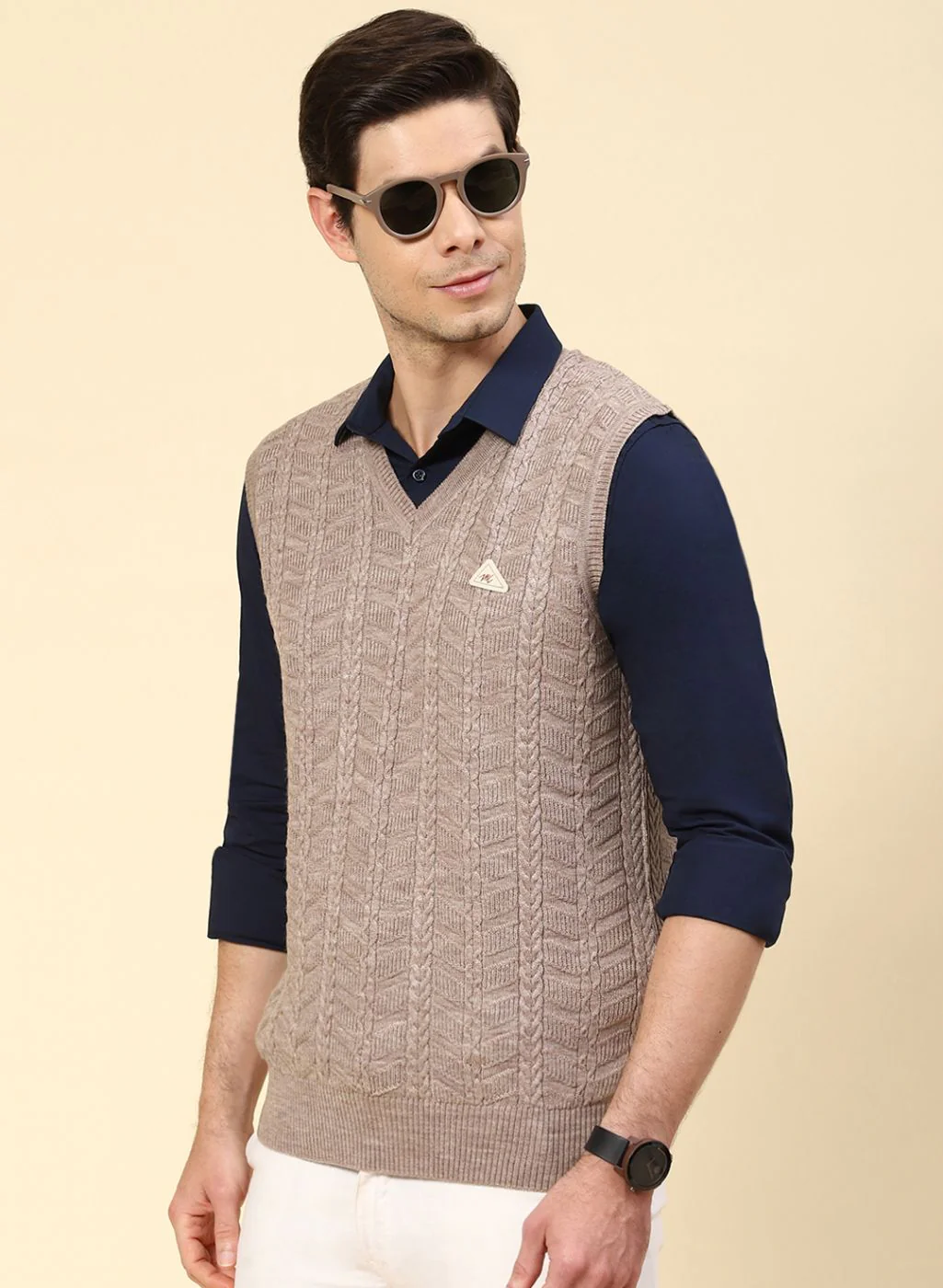 Men Beige Self Design Wool blend Sweater - Image 3