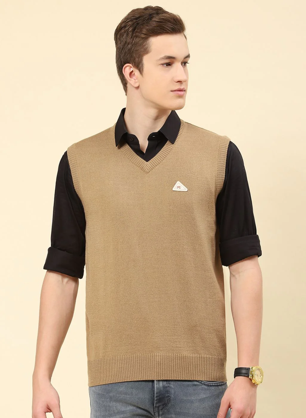 Men Beige Solid Blend wool Sweater - Image 2
