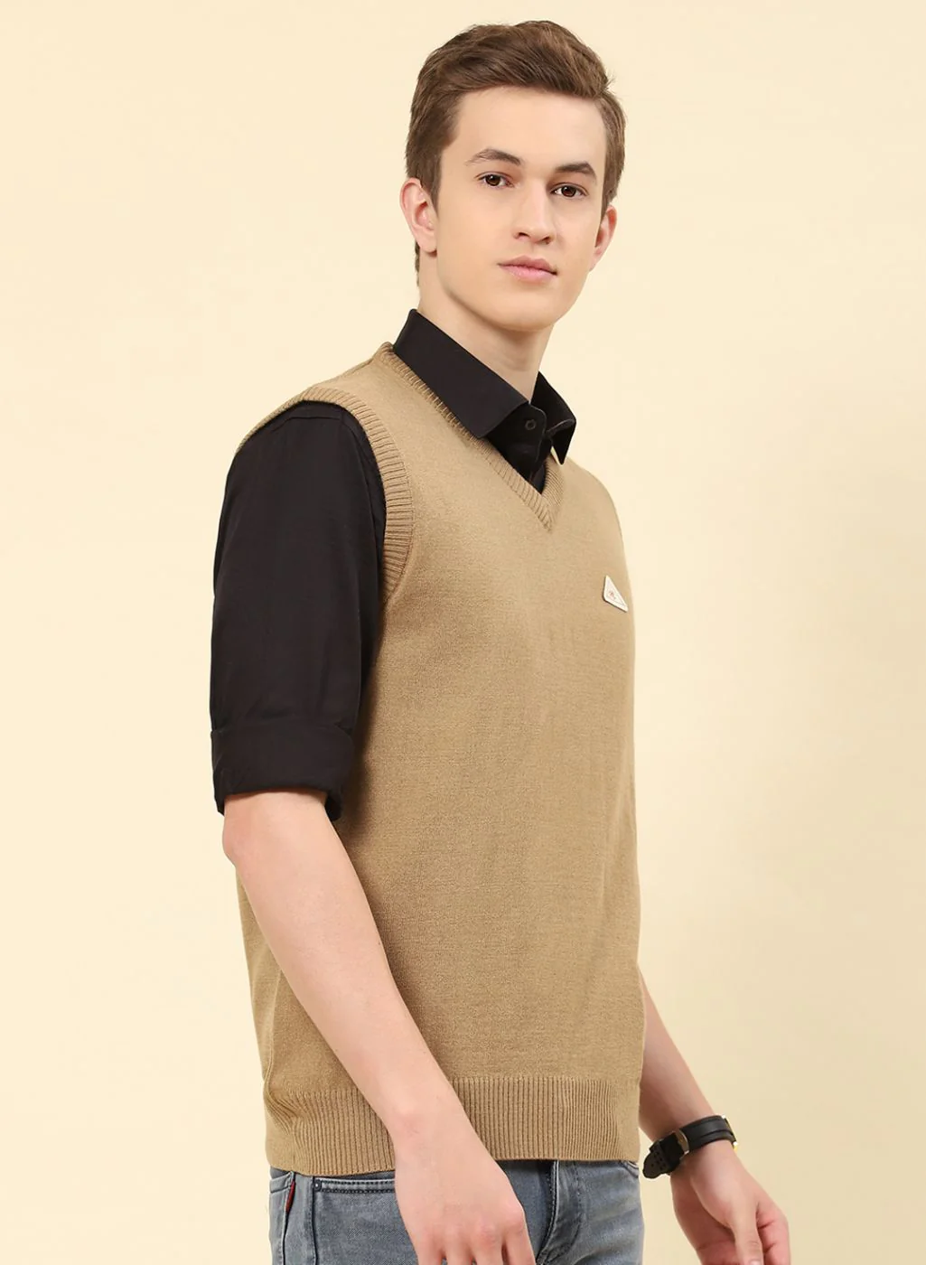 Men Beige Solid Blend wool Sweater - Image 4