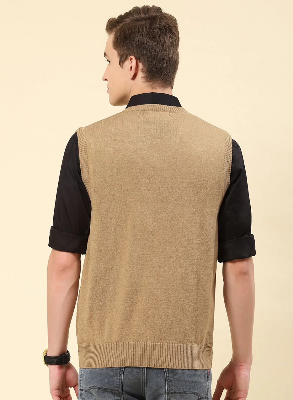 Men Beige Solid Blend wool Sweater - Image 5