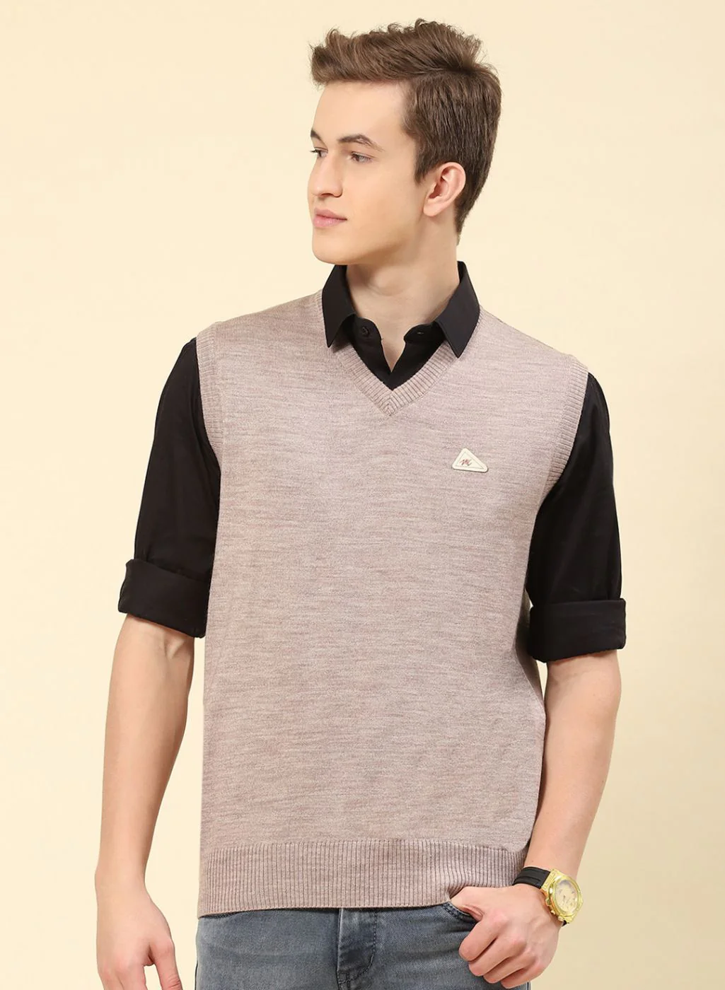 Men Beige Solid Blend wool Sweater - Image 2