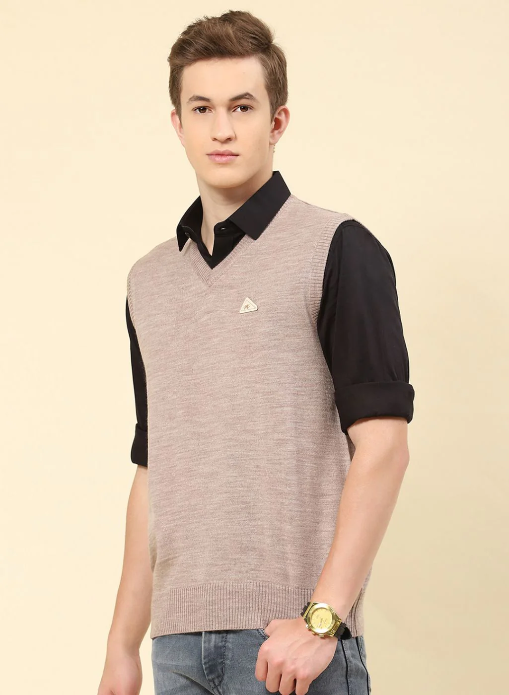 Men Beige Solid Blend wool Sweater - Image 3