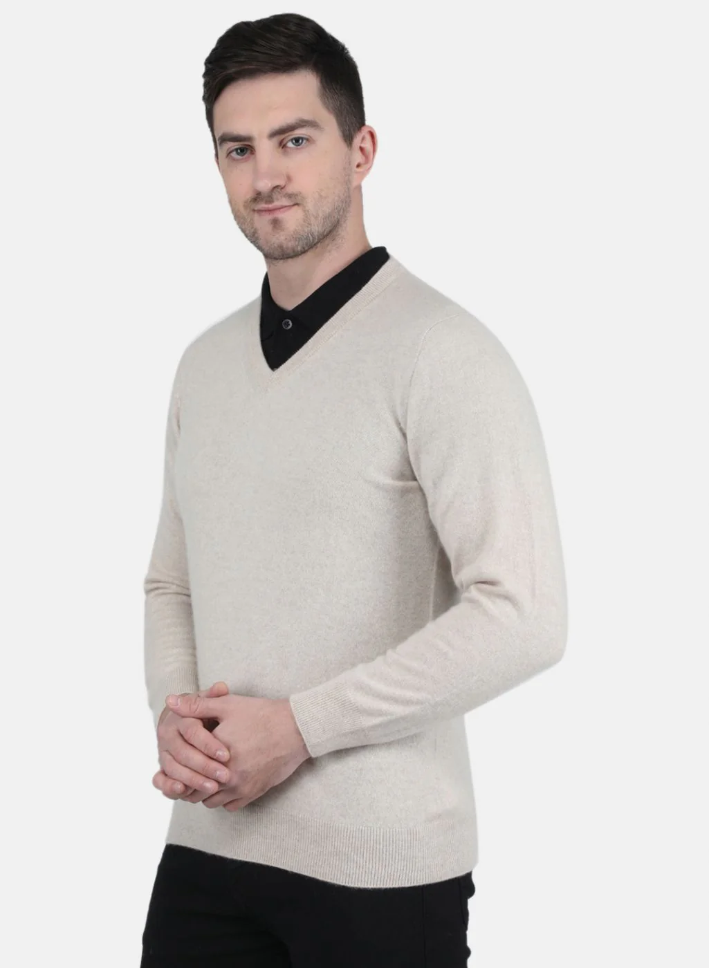 Men Beige Solid Pullover - Image 2