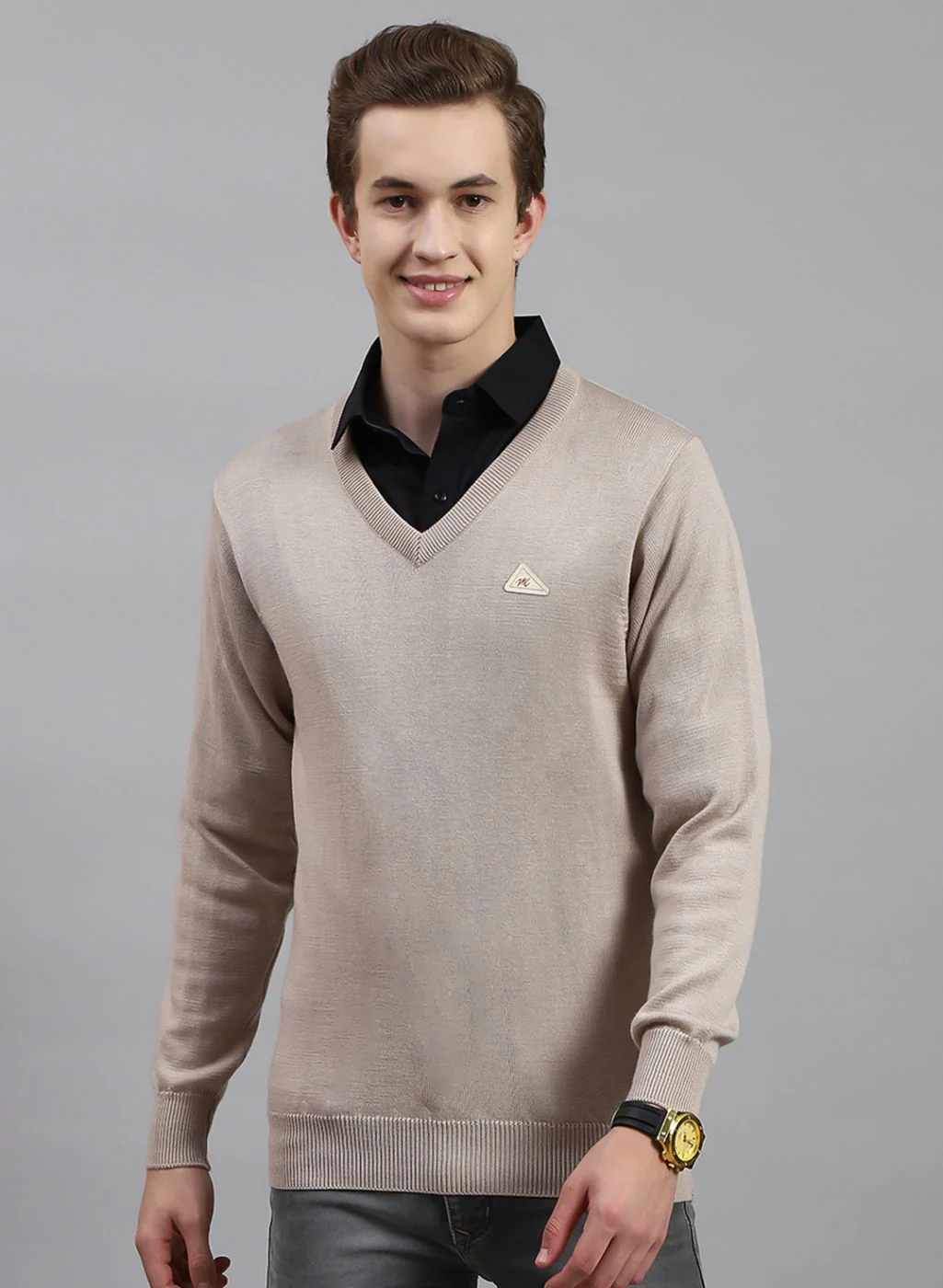 Men Beige Solid Pure wool Pullover - Image 2