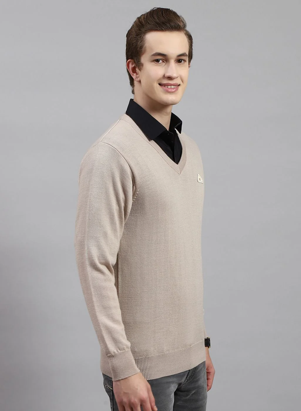 Men Beige Solid Pure wool Pullover - Image 4
