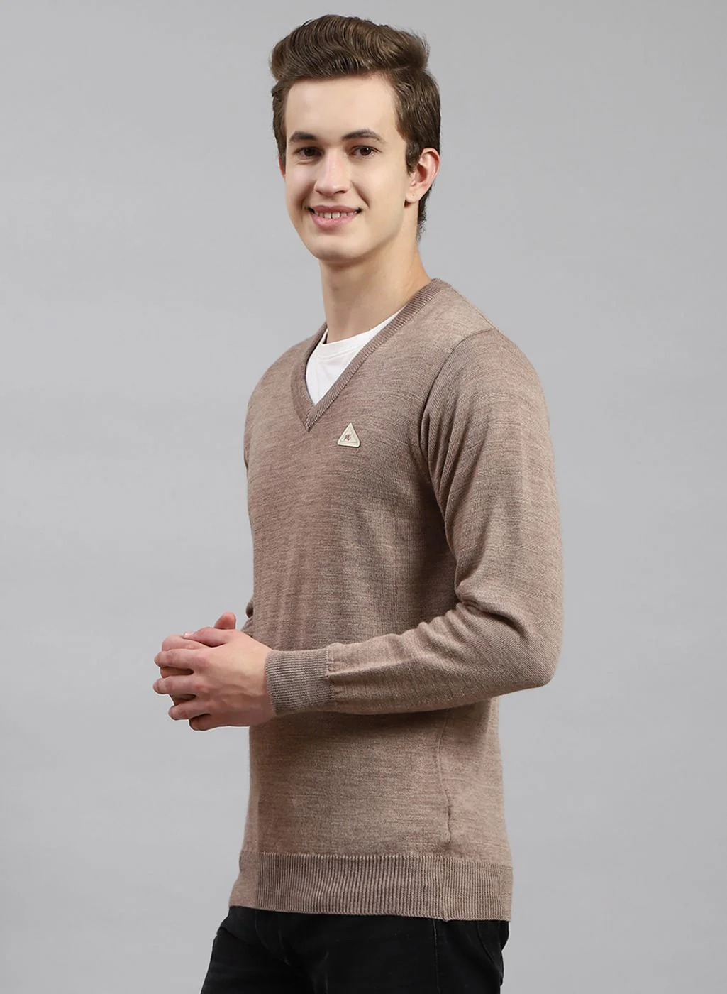 Men Beige Solid Pure wool Pullover - Image 3