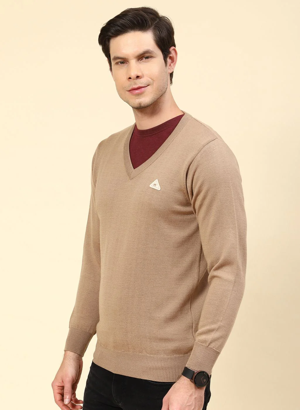 Men Beige Solid Pure wool Pullover - Image 3