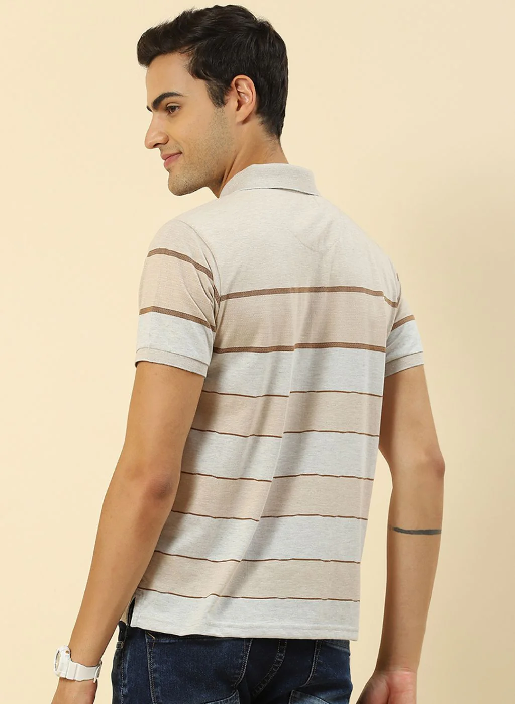 Men Beige Stripe T-Shirt - Image 4