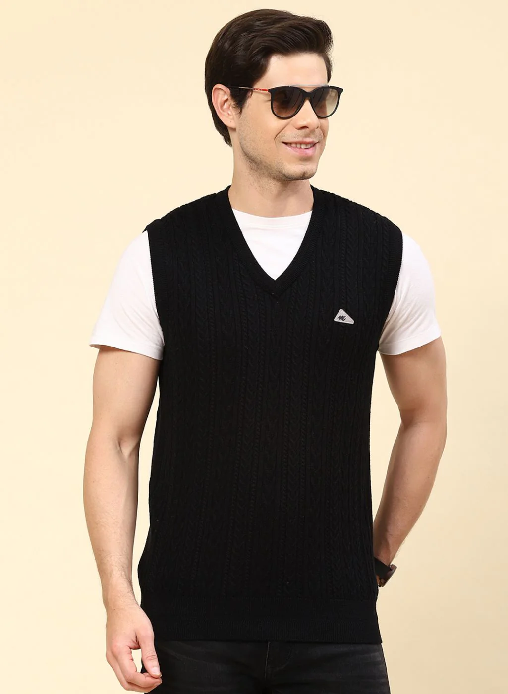 Men Black Self Design Pure wool Sweater - Image 2