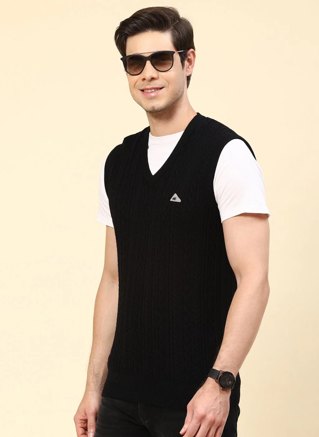 Men Black Self Design Pure wool Sweater - Image 3