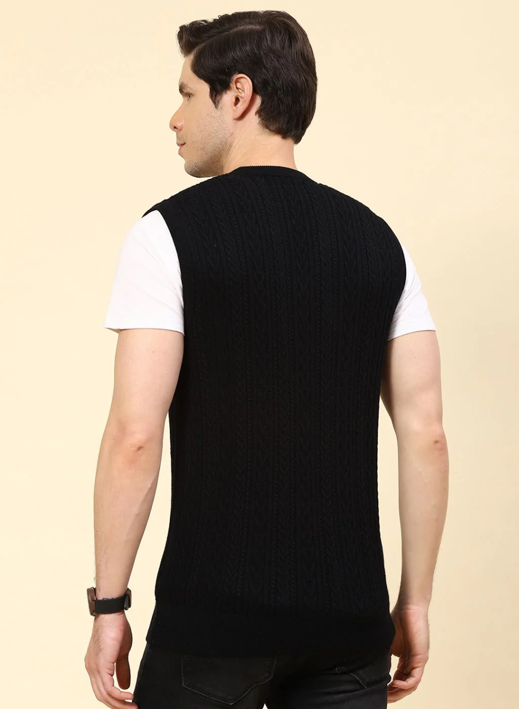 Men Black Self Design Pure wool Sweater - Image 5