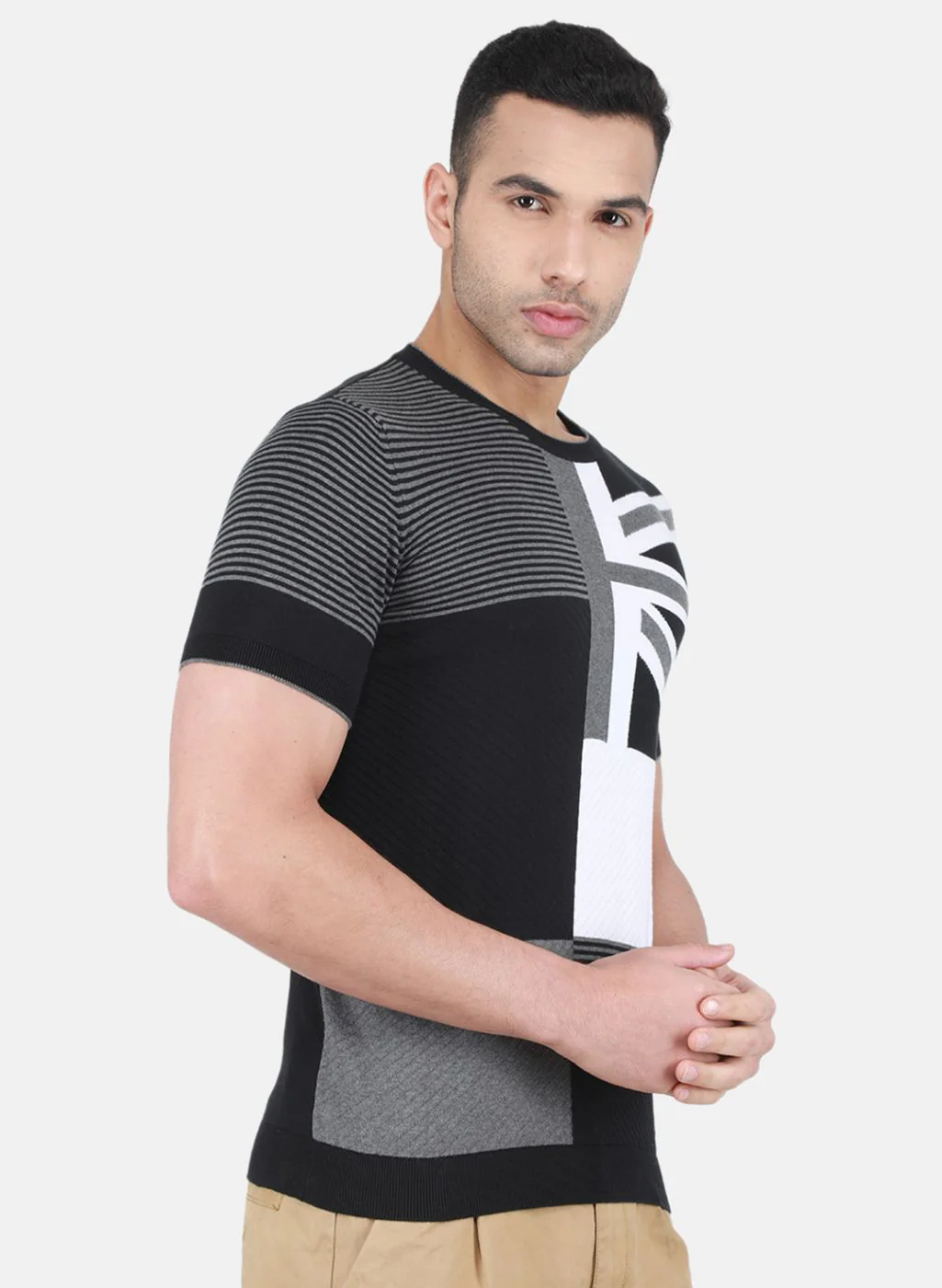 Men Black Self Design T-Shirt - Image 6