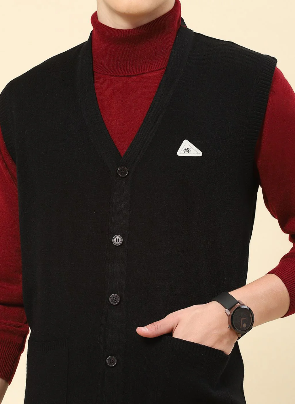 Men Black Solid Blend wool Cardigan - Image 6