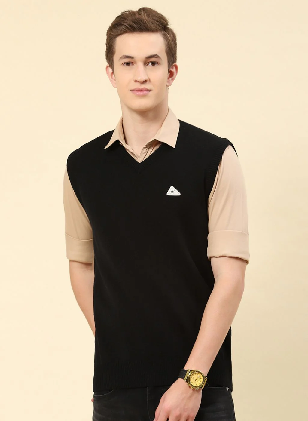 Men Black Solid Blend wool Sweater - Image 2