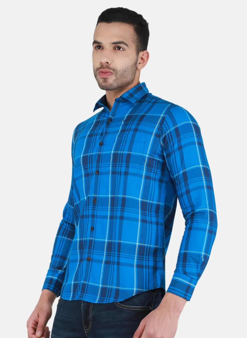 Men Blue Check Shirt - Image 2