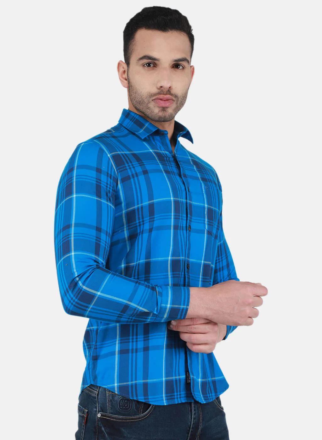 Men Blue Check Shirt - Image 6